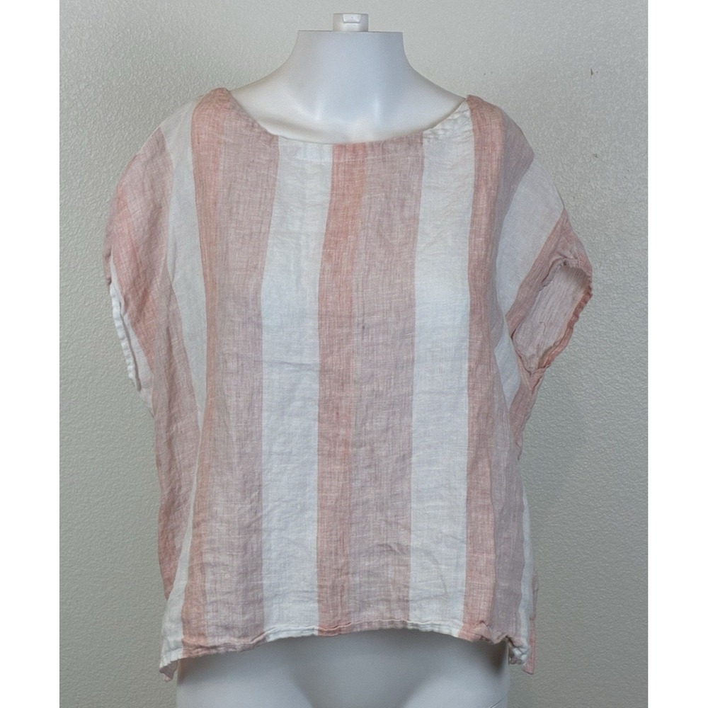 Lagenlook Button Back Linen Coastal Top SZ XS Pink Striped Beach C&C California